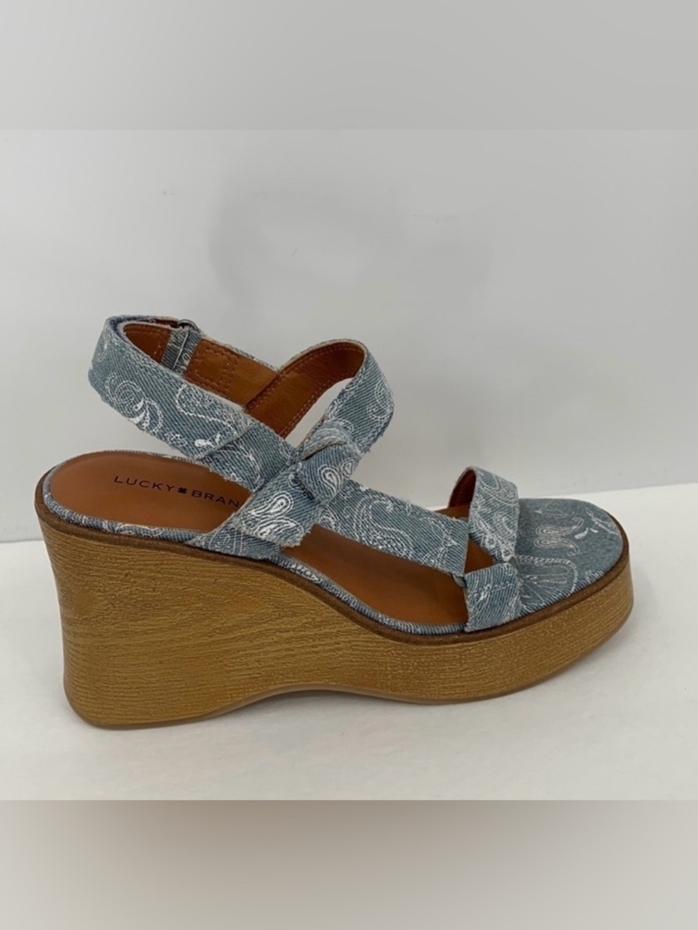 Lucky Brand Demmia wedge platform wood sandal shoe strappy printed denim new 8